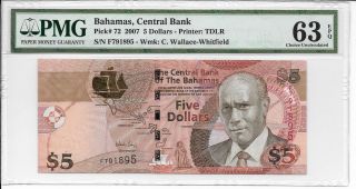 Bahamas,  Central Bank - $5,  2007.  Pmg 63epq. photo