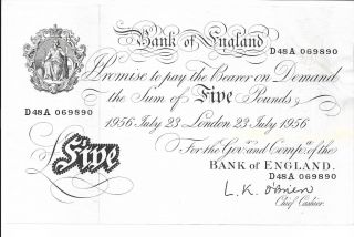 Bank Of England - 5 Pounds,  1956.  Thin Paper.  Choice Ef. photo