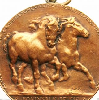 Galloping Belgian Draft Horses - 1926 Antique Art Medal Pendant Signed Jul Lagae photo