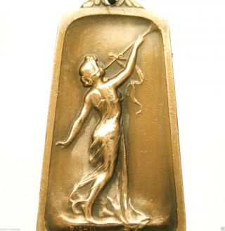 Charming Art Nouveau Lady With The Trumpet - Antique Medal Pendant Signed Michel photo