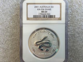 2001 Australia Silver Lunar Km - 536 Snake 1oz Ngc Ms69 Rare. photo