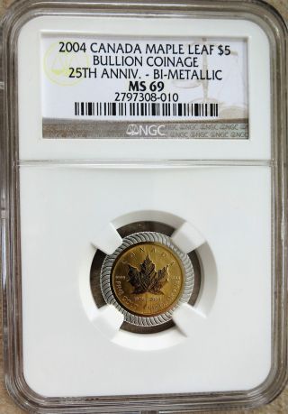 2004 Canada 1/10 Oz.  Gold & Silver $5 Bi - Metallic Maple Leaf Ngc Ms 69 Low photo