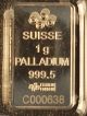 1 Gram Palladium Bar 999.  5 - Pamp Suisse In Assay Card With Certificate Number Bullion photo 1
