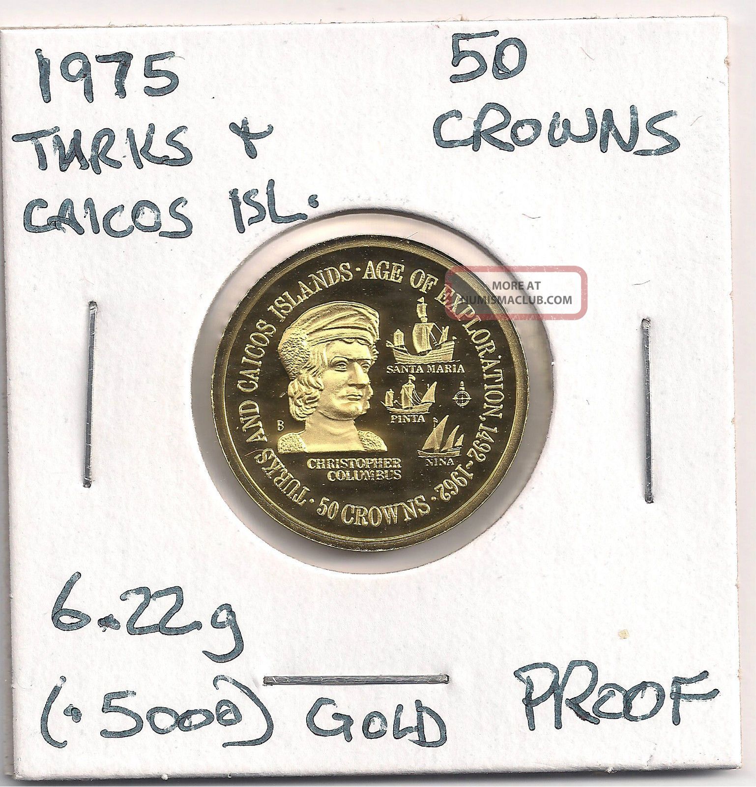 1975 Turks And Caicos Islands 50 Crowns Gold Proof