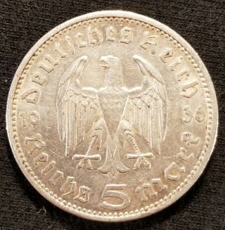 1936 A Wwii 5 Mark German Silver Coin Third Reich No Swastika 5 Reichsmark Rare photo