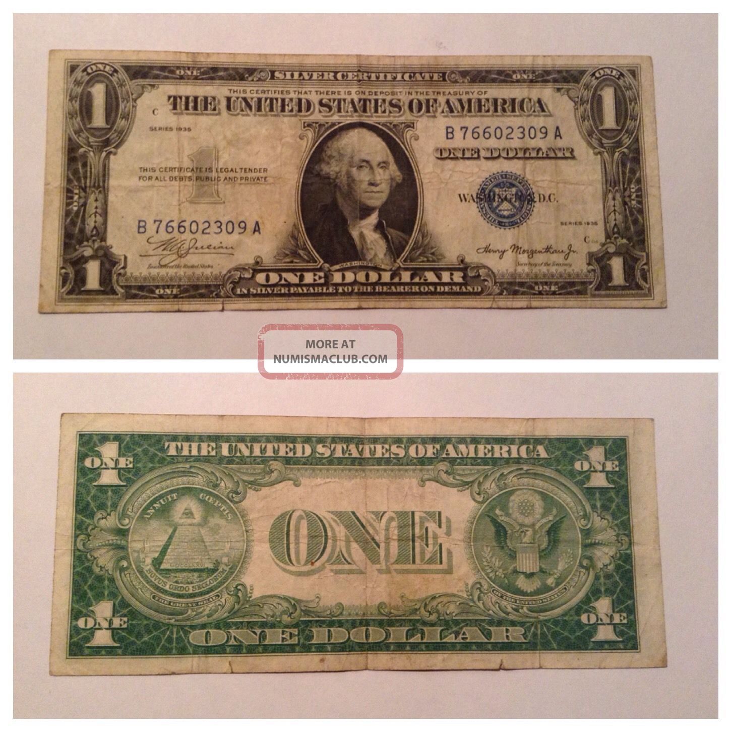 Vintage $1 1935 - Plain Silver Certificate One Dollar Bill $1 Washington Blue Seal Small Size Notes photo