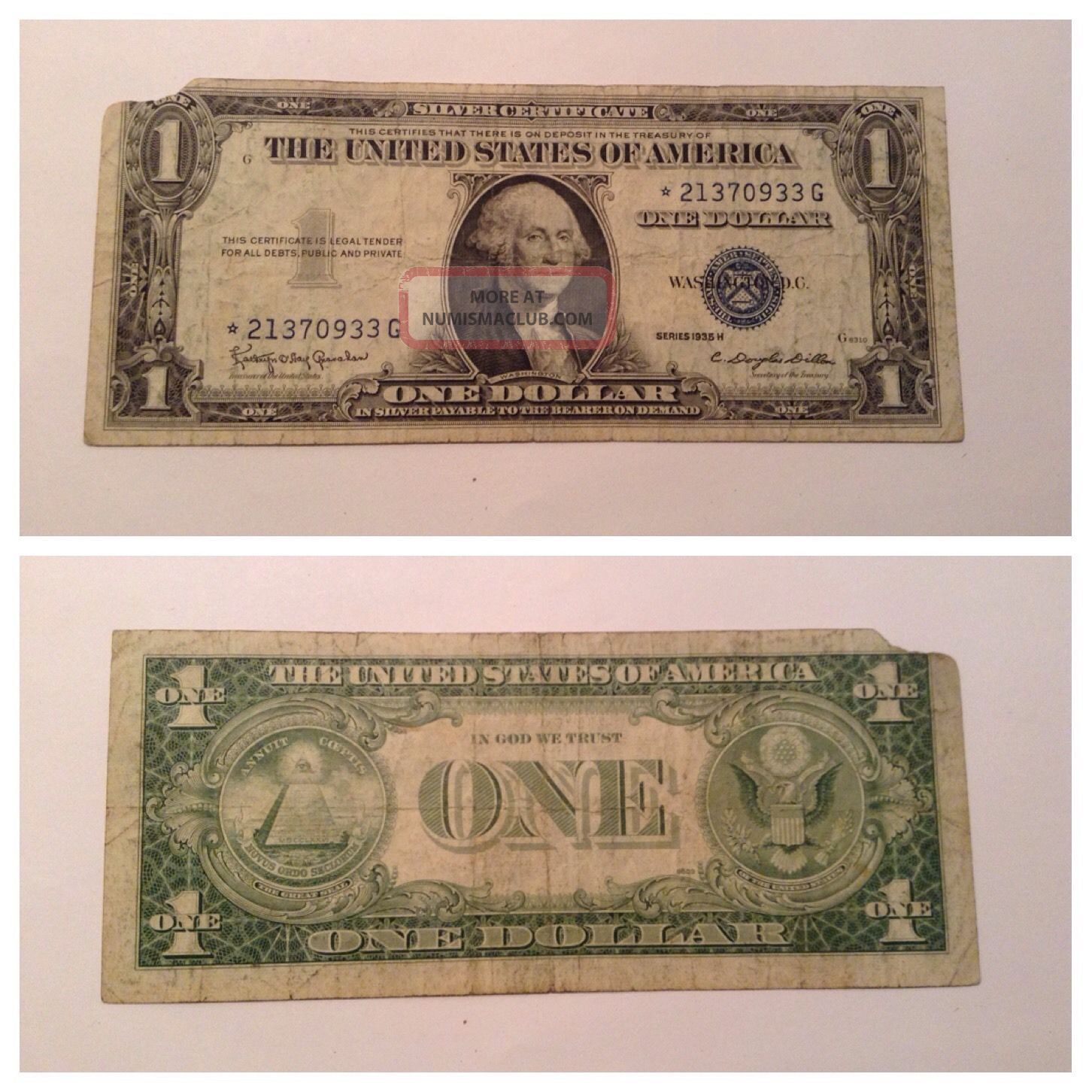 Vintage Star 1935 - H $1 Silver Certificate One Dollar Note Washington Blue Seal Small Size Notes photo