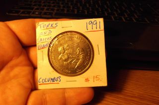 1991 Turks And Caicos Islands 5 Crown Columbus Coin. photo