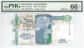 [solid 777777] Seychelles 2013 10 Rupees Fancy Serial Number Pmg 66 Epq photo