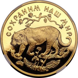 Russia 1996 Gold Proof Coin 200 Roubles Russian Amur Tiger Ngc Pf69 Deep Cameo photo