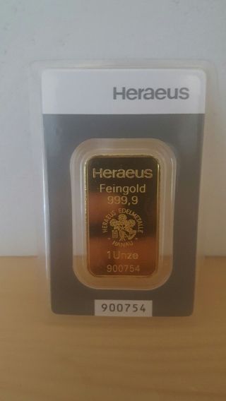 1 Ounce.  9999 Heraeus Fine Gold Bar And Numbered.  Certified. photo