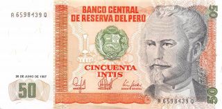 Peru 50 Intis 26.  6.  1987 Block Aq Uncirculated Banknote,  G6 photo