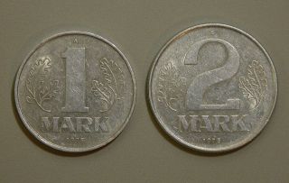 1975 A 1 Mark And 1975 A 2 Mark East German Ddr Coin photo