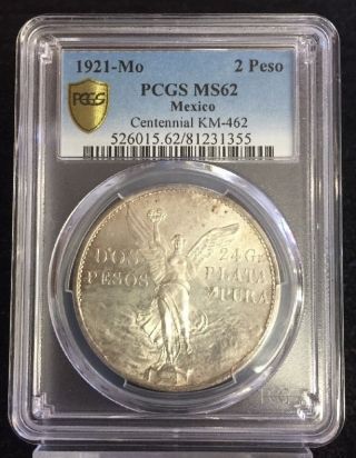 Mexico 1921 2 Pesos Coin,  Pcgs Ms - 62 photo