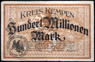 Kempen 1923 100 Million Mark Inflation Notgeld German Banknote Series C photo