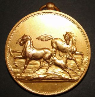 Large Antique French Gilded Bronze Horse Medal By Blondelet 55mm photo