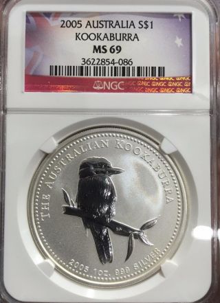 2005 Ms69 Australia Kookaburra 1 Ounce Silver Coin Ngc Flag Label photo