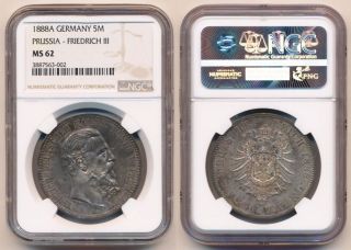 1888a Prussia 5 Marks Ngc Ms62 Beauty See Hi - Res Images photo