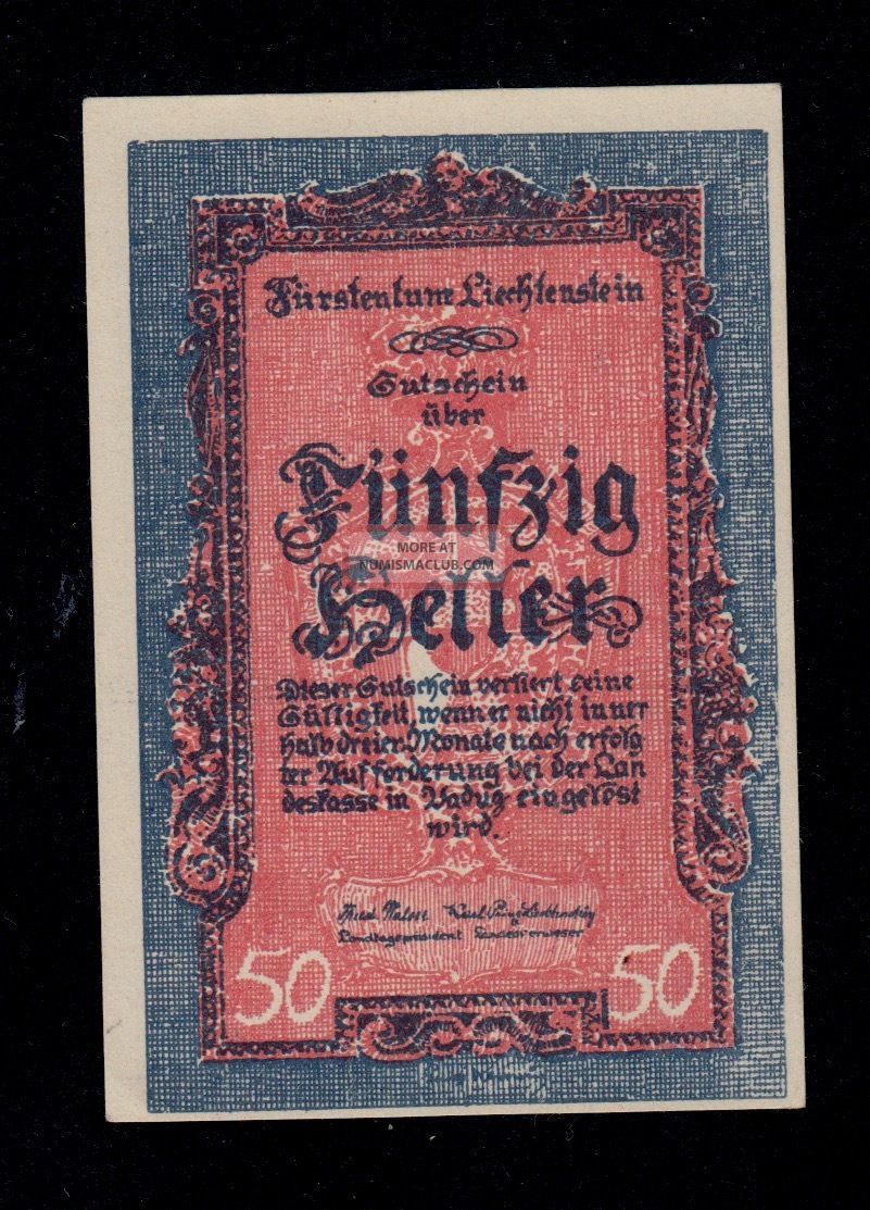 Liechtenstein 50 Heller (1920) Pick 3 Unc -.  Banknote. Europe photo