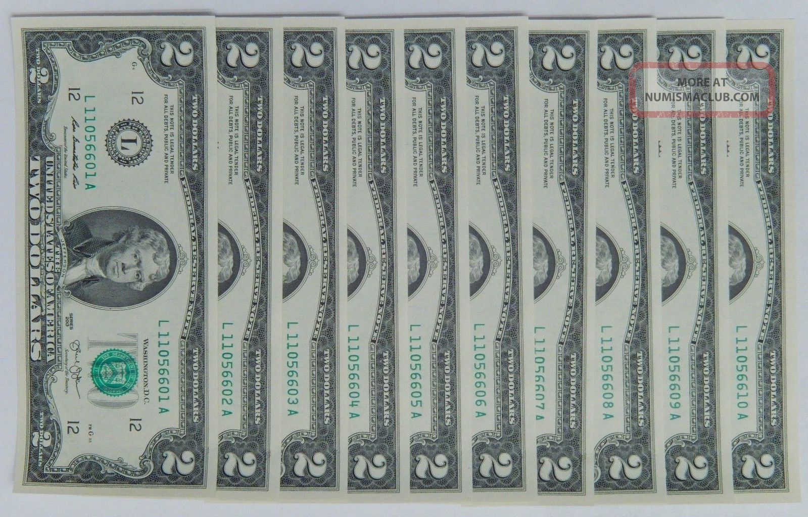 10x $2 Uncirculated Sequential Serial Numbers Two Dollar Bills $20 Fv 2013 Nr 17 Small Size Notes photo