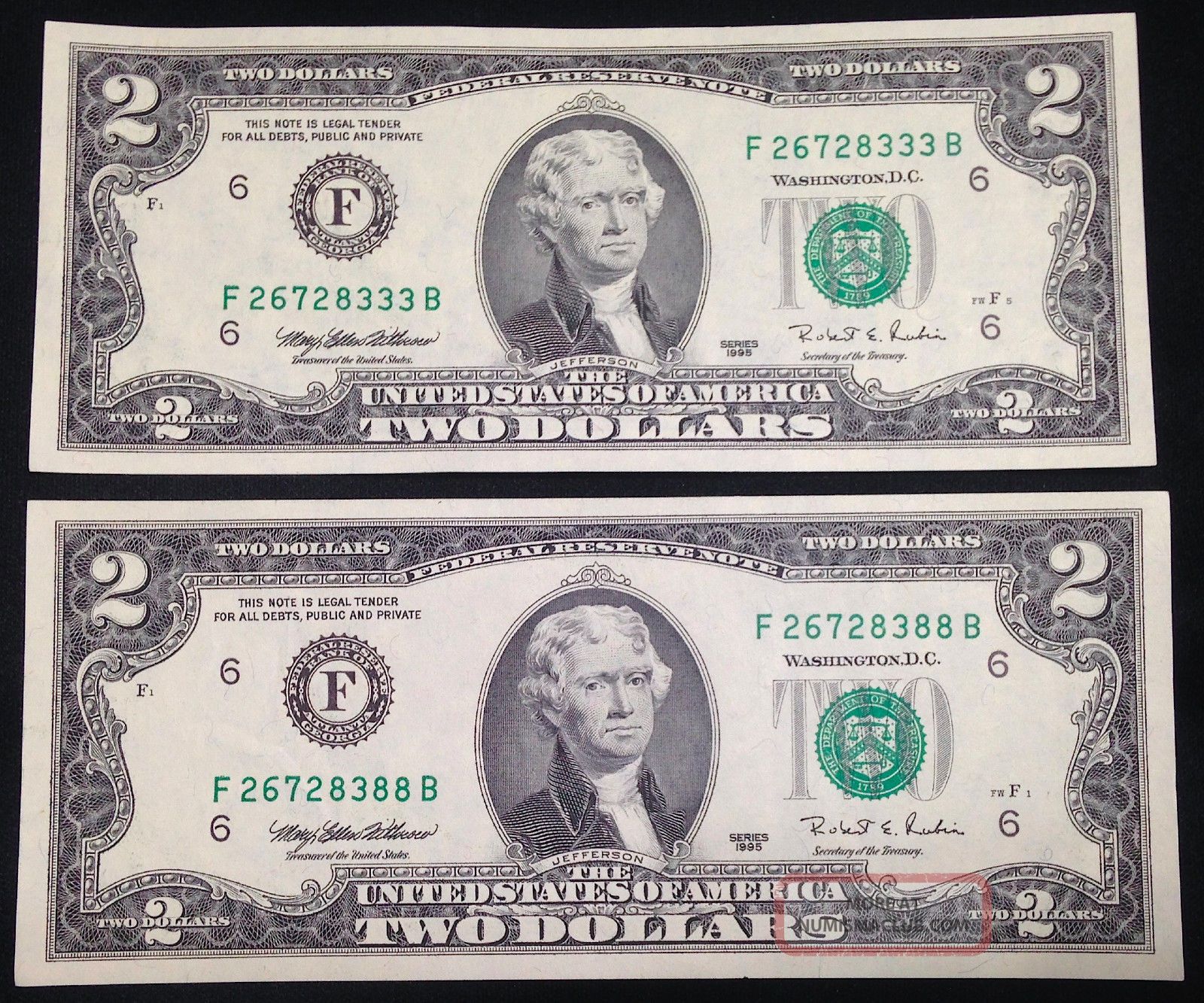 $2 Two Dollar Bills,  Similar Serial Numbers,  Uncirculated Us Currency Small Size Notes photo