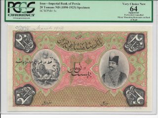 Kingdom Of Persia,  Imperial Bank - 20 Tomans,  Nd (1890 - 1923).  Specimen.  Pcgs 64. photo