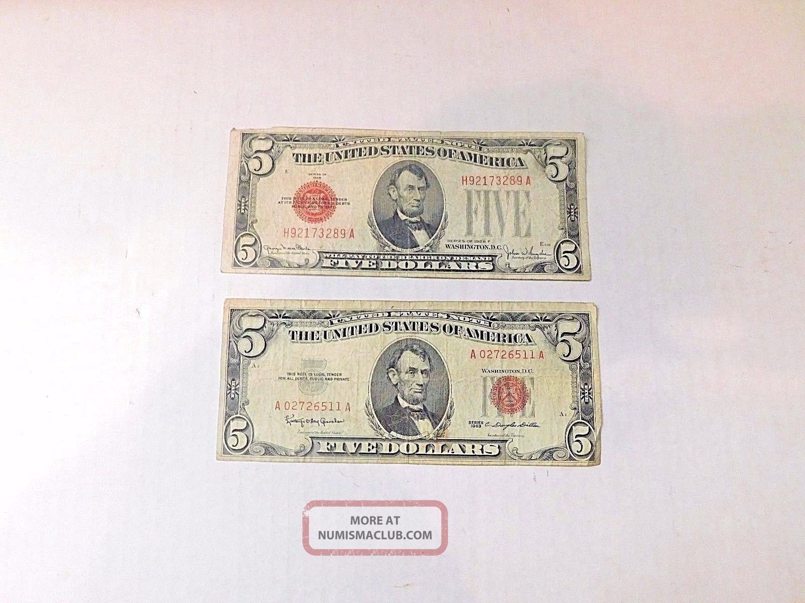 2 5 Dollar Series 1928f & 1963 Red Seal Silver Certificate Note Circulated Small Size Notes photo