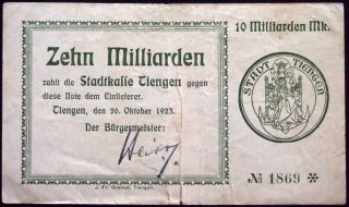 Tiengen 1923 10 Billion Mk Inflation Notgeld German Banknote 10 Milliarden 1869 photo
