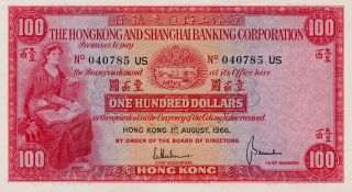 Hong Kong Bank Hong Kong $100 1966 Scarce Date Au - Unc photo