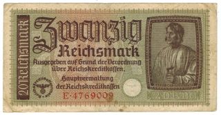 Germany 20 Reichsmark Ww2 1940 - 1945 Swastika Banknote photo
