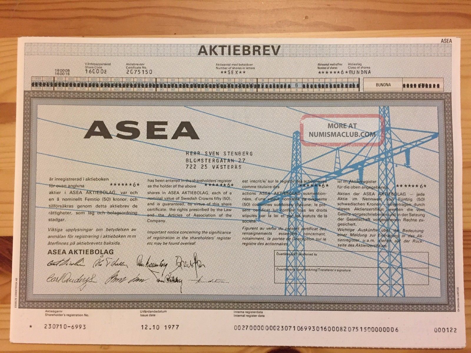 Stock Certificate Asea 1977 Stocks & Bonds, Scripophily photo
