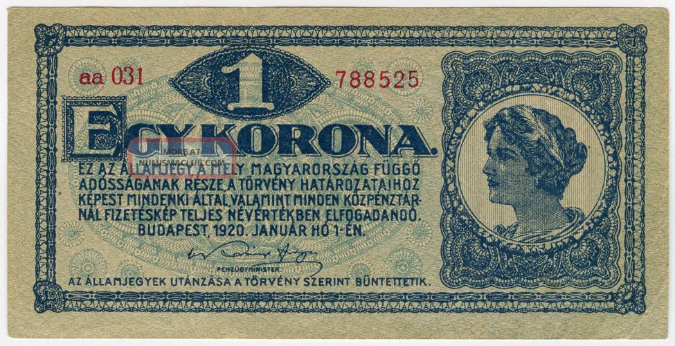 Hungary 1920 Issue 1 Korona Note Crisp Xf.  Pick 57. Europe photo