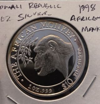 1998 Somalia $10 Dollars African Monkey 1 Oz.  999 Silver Coin Rare 1st In Series photo