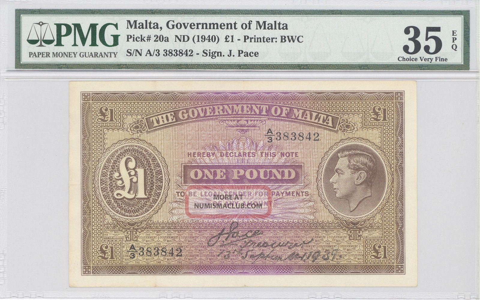 1940 Malta,  Government Of Malta,  1 Pound,  Pmg 35 Epq,  Choice Very Fine,  P : 20a Europe photo