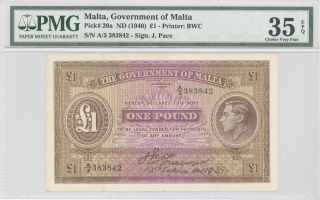 1940 Malta,  Government Of Malta,  1 Pound,  Pmg 35 Epq,  Choice Very Fine,  P : 20a photo