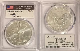 2016 W Burnished Silver Eagle Pcgs Sp70 Flag Mercanti First Strike Edge Letters photo
