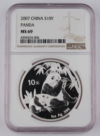China 2007 1 Oz 999 Silver Panda 10 Yuan Coin Ngc Ms69 Gem Bu, photo