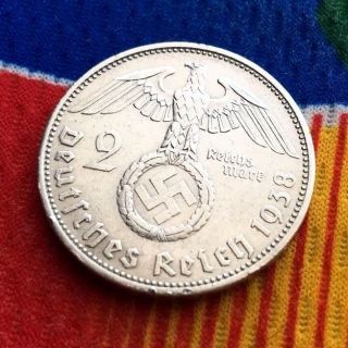 1938 A Wwii 2 Mark German Silver Coin Third Reich Reichsmark 5 photo