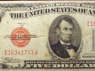 Series Of 1928 - B $5 United States Note Red Seal Five Dollar Bill Usn photo