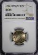 Norway Olav V Copper - Nickel 1962 50 Øre Ngc Ms65 Top Graded By Ngc Km 386 Europe photo 1