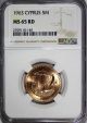 Cyprus Bronze 1963 5 Mils Ngc Ms5 Rd Full Red Toning Top Graded By Ngc Km 39 Other European Coins photo 1