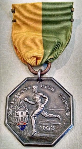 1922 Stuyvesant High School York Sterling Silver Relay Race Medal On Ribbon photo