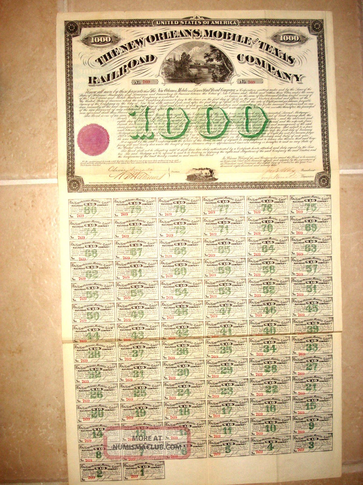 Stock Bond Certificate - The Orleans,  Mobile & Texas Rr Co.  $1000 Bond 1873 Transportation photo