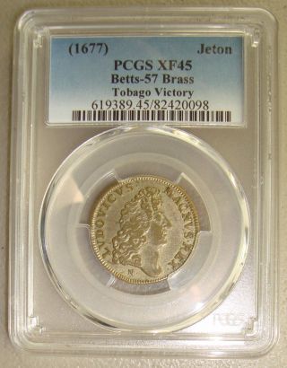 1677 Betts - 57 Victory At Tobago Brass Jeton Medal Pcgs Xf45 photo