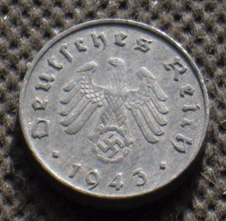 Old Coin Of Nazi Germany 10 Reichspfennig 1943a Berlin Swastika World War Ii photo