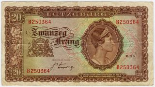 Luxembourg 1943 Issue 20 Francs Note Crisp Paper.  Pick 42. photo