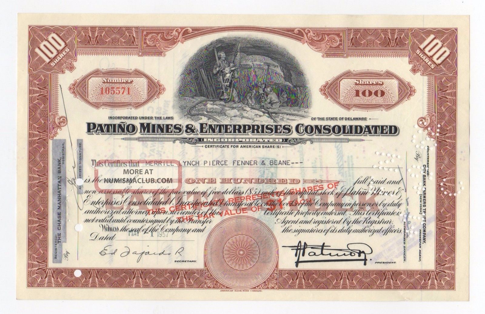 Patino Mines & Enterprises Consolidated Stock Certificate Stocks & Bonds, Scripophily photo