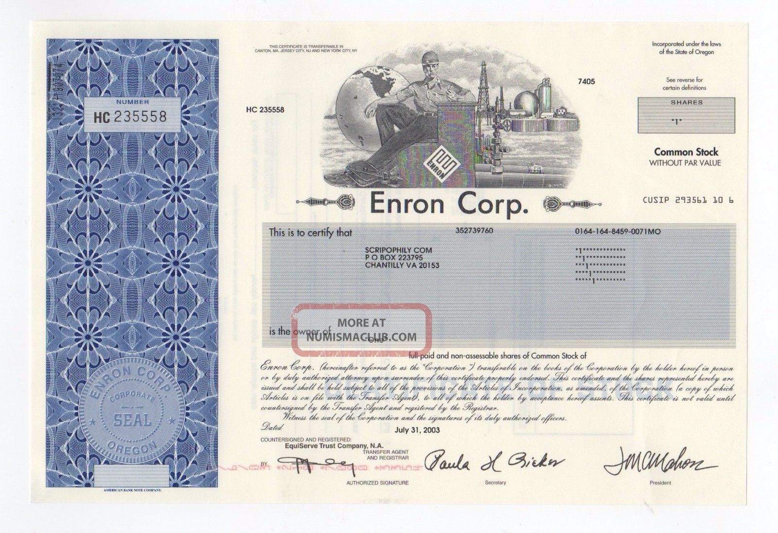 Enron Corp.  Stock Certificate Stocks & Bonds, Scripophily photo