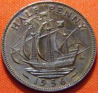 1956 Great Britain United Kingdom Uk Half Penny Coin Km 896 photo