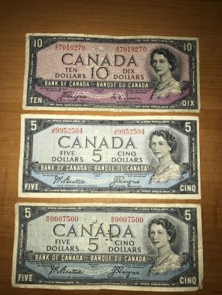 2 1954 Canada Five $5 Cinq,  And 1 Ten $10 Dix Dollar Bill Banknote Ottawa Note photo